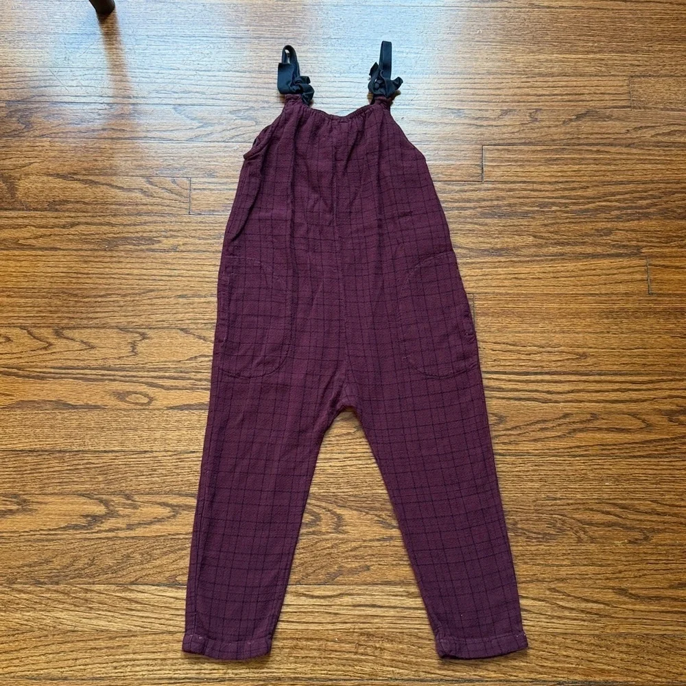 Zara Girls Burgundy Checkered Overalls with Bow Straps